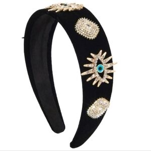 NEW! Black Vegan Velvet Gold Evil Eye Brocade Headband Hair Accessory.